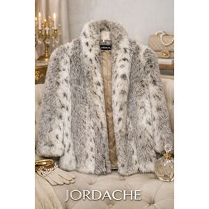 VTG Jordache Faux Fur Coat Women M Grey White Spotted Lynx Pattern Jacket USA